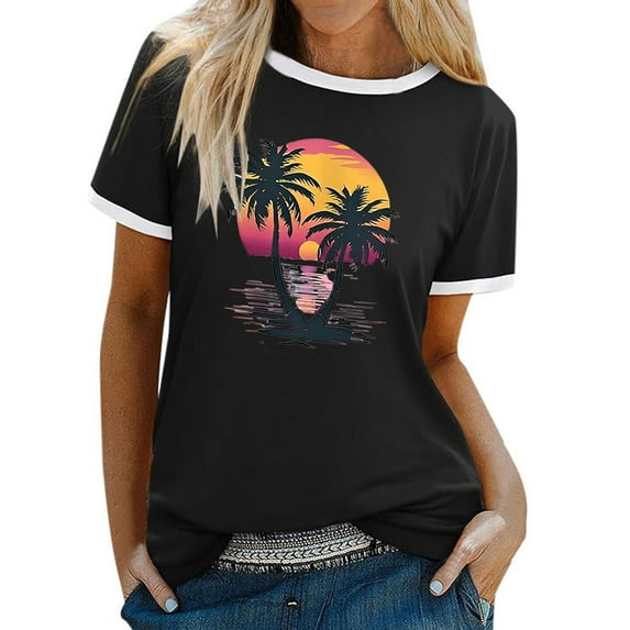 Tees Tops For Women T-Shirts Color Block Graphic Short Sleeve Beach Summer Fall Outfits Fashion Clothes 2025