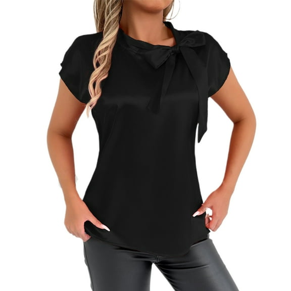 Tees Tops For Women T-Shirts Elegant Bow Neck Satin Blouse Summer Spring Ribbon Collar Fashion Clothing