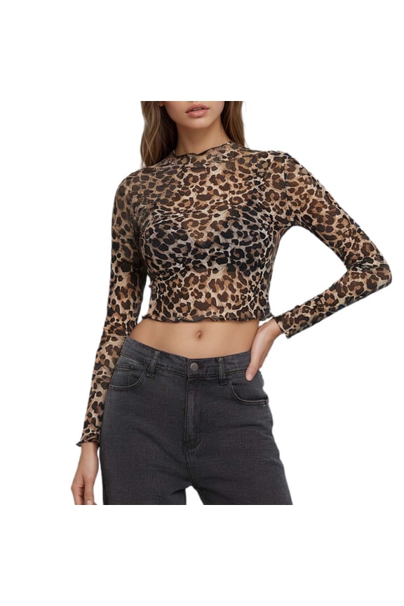 Tees Tops For Women T-Shirts Elegant Mesh Leopard Print Cropped Long Sleeve Tunic Blouse Beige