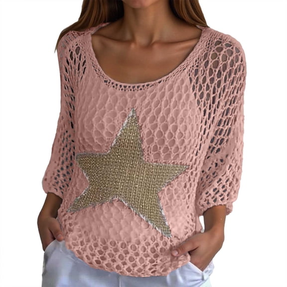 Tees Tops For Women T-Shirts Knitted Sweater Five Point Star Round Neck Knitted Sweater Three Quarter Sleeve Plus Size Clothes