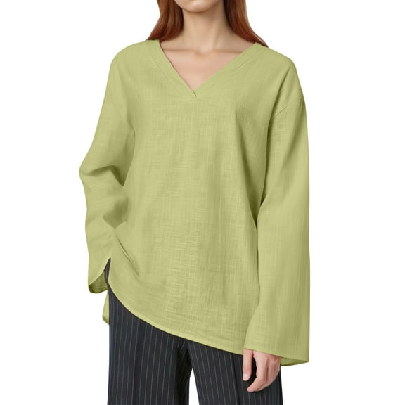 Tees Tops For Women T-Shirts Loose Long Sleeved Linen Solid Color Retro V Neck Pullover Shirt Layer Clothes