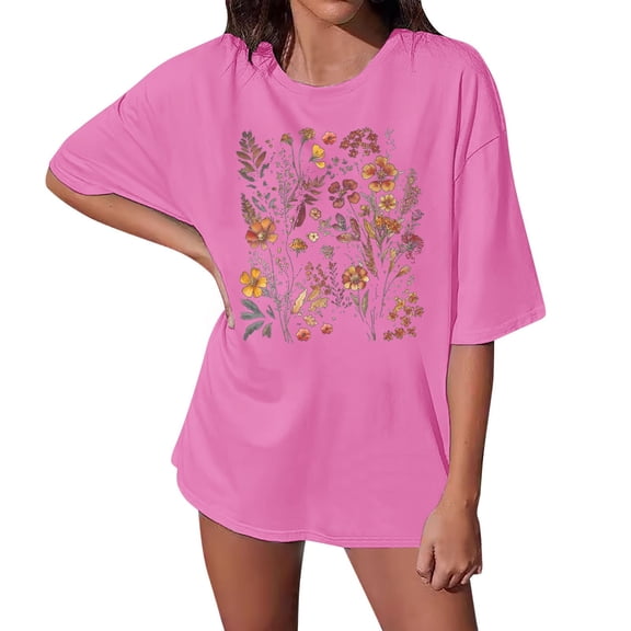 Tees Tops For Women T-Shirts Oversized Loose Short Sleeve Summer Vintage Flower Plus Size Outfits