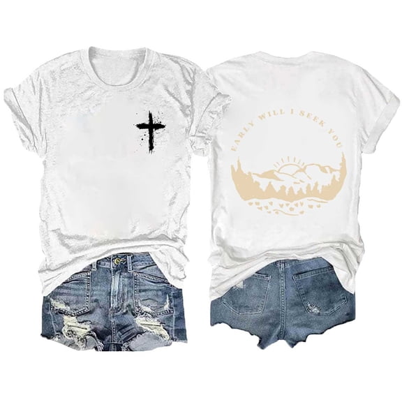 Tees Tops For Women T-Shirts Printed Round Neck Solid Color Short Sleeved Fall Outfits Fashion Clothes 2025