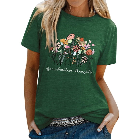 Tees Tops For Women T-Shirts Round Neck Floral Print Short Sleeve Summer Workout Clothes