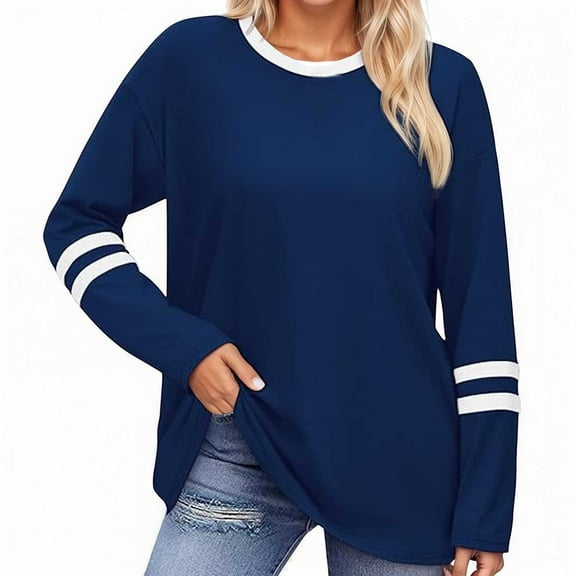 Tees Tops For Women T-Shirts Round Neck Long Sleeved Striped Loose Patchwork Layer Clothes