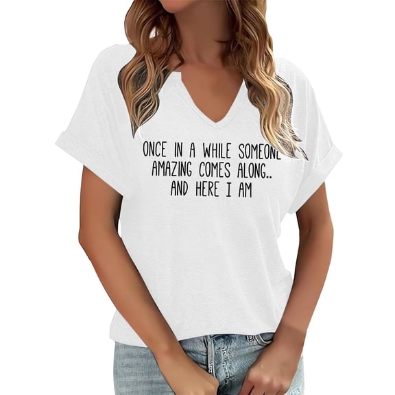 Tees Tops For Women T-Shirts Short Sleeve V Neck Summer Letter Print Graphic Plus Size Clothes