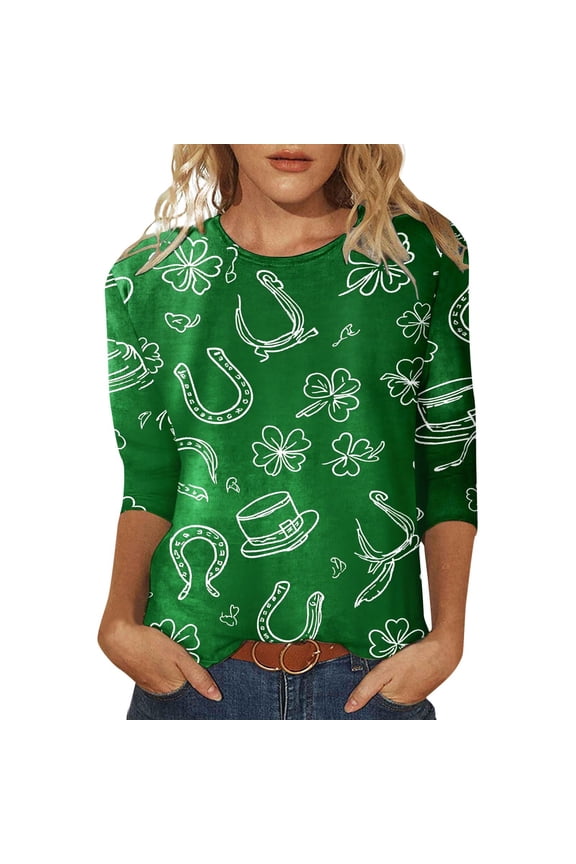 Tees Tops For Women T-Shirts St. Patrick’s Day Casual Crew Neck 3/4 Sleeve Green Print Blouse Top
