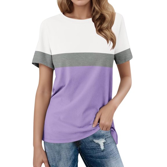 Tees Tops For Women T-Shirts Stripe Color Block Short Sleeve Summer Trendy Outfits