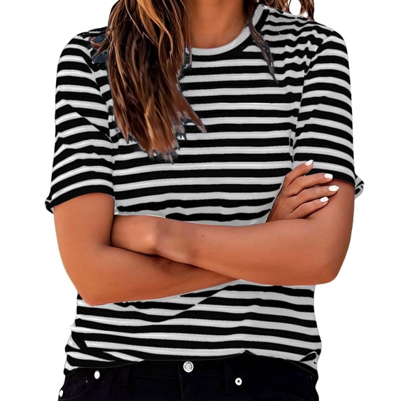 Tees Tops For Women T-Shirts Stripe Print Short Sleeve Crew Neck Casual Trendy Outfits Black