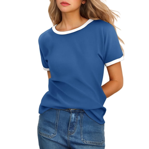 Tees Tops For Women T-Shirts Summer Solid Short Sleeve Crew Neck Contrast Trim Fashion Clothes 2026 Blue L