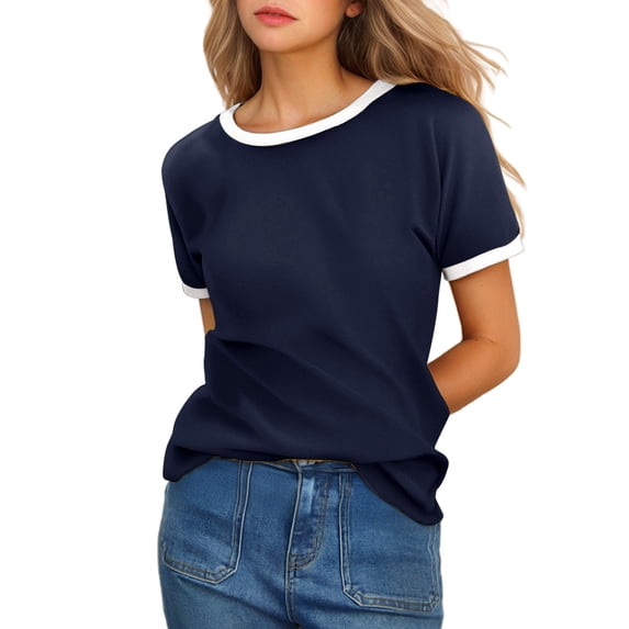 Tees Tops For Women T-Shirts Summer Solid Short Sleeve Crew Neck Contrast Trim Fashion Clothes 2026 Navy S