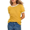 thumbnail image 1 of Tees Tops For Women T-Shirts Summer Solid Short Sleeve Crew Neck Contrast Trim Fashion Clothes 2026 Yellow XL, 1 of 5