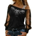 thumbnail image 1 of Tees Tops for Women Sequin Mesh Rhinestone Floral Print Patchwork Long Sleeve Off Shoulder Tunic Blouse Black 3XL, 1 of 5