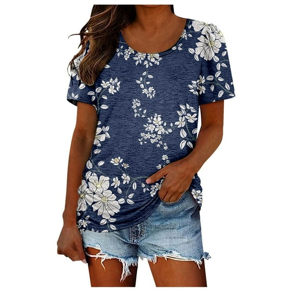 Tees Tops for Women Side Ruched Summer Floral Print Vintage Short Sleeve Gift Clothes Navy 2XL