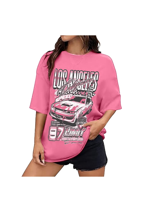Tees Tops for Women ’s Oversized Graphic Print Cartoon Drop Shoulder Short Sleeve Casual Graphics Fashion Y2K Clothes 2026 Pink M