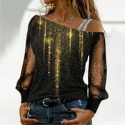 Tees for Women Teens Shirts Printed casual long sleeve splicing sequins gradient mesh Tops Dressy Spring 2024 Vest Hoodie Undershirt Trendy Fashion , Basic Tees for Women,Gold,S
