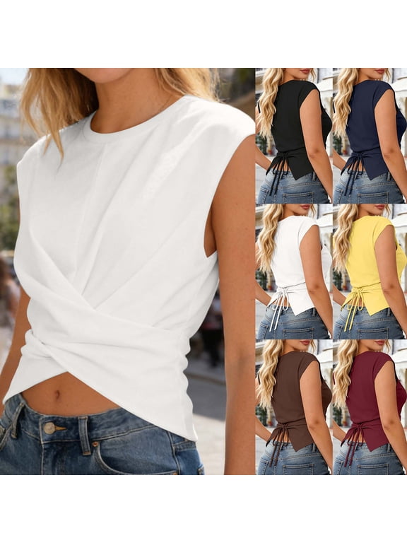 Tees for Women Women's Slim Fit Sleeveless Top with Back Straps Crossover Hem Yellow L