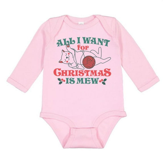 TeesAndTankYou All I Want For Christmas Is Mew Long Sleeve Baby Onesie Infant One Piece Bodysuit 12 Months Light Pink