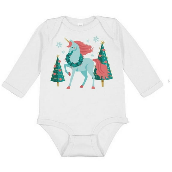 TeesAndTankYou Christmas Unicorn Long Sleeve Baby Onesie Infant One Piece Bodysuit Newborn White