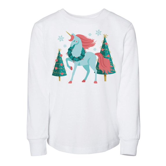TeesAndTankYou Christmas Unicorn Toddler Kids Long Sleeve T-Shirt 2T White