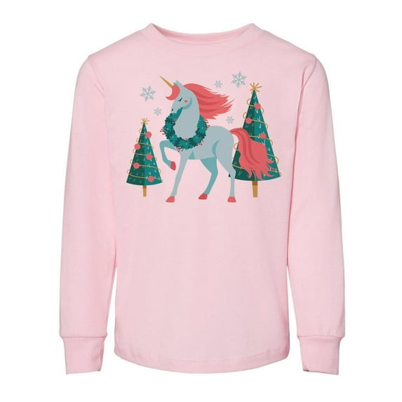 TeesAndTankYou Christmas Unicorn Toddler Kids Long Sleeve T-Shirt 4T Light Pink