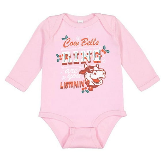 TeesAndTankYou Cow Bell's Ring, Are You Listenin'? Christmas Long Sleeve Baby Onesie Infant One Piece Bodysuit 12 Months Light Pink