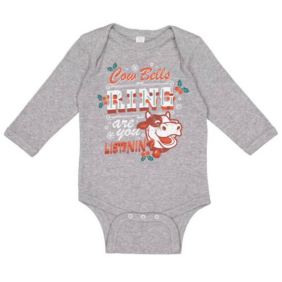 TeesAndTankYou Cow Bell's Ring, Are You Listenin'? Christmas Long Sleeve Baby Onesie Infant One Piece Bodysuit 6 Months Heather Grey