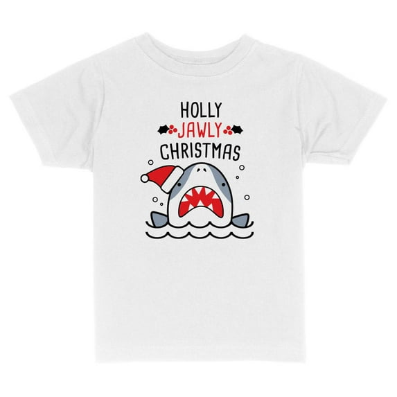 TeesAndTankYou Holly Jawly Christmas Shark Toddler Kids T-Shirt 2T White