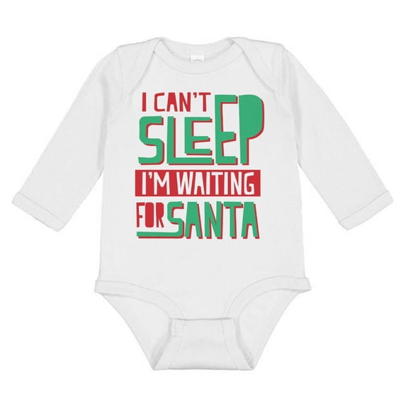TeesAndTankYou I Can't Sleep, I'm Waiting For Santa Christmas Long Sleeve Baby Onesie Infant One Piece Bodysuit 12 Months White