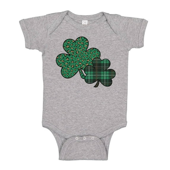 TeesAndTankYou Leopard and Plaid Pattern Shamrocks St. Patrick's Day Baby Infant One Piece Bodysuit 12 Months Heather Grey