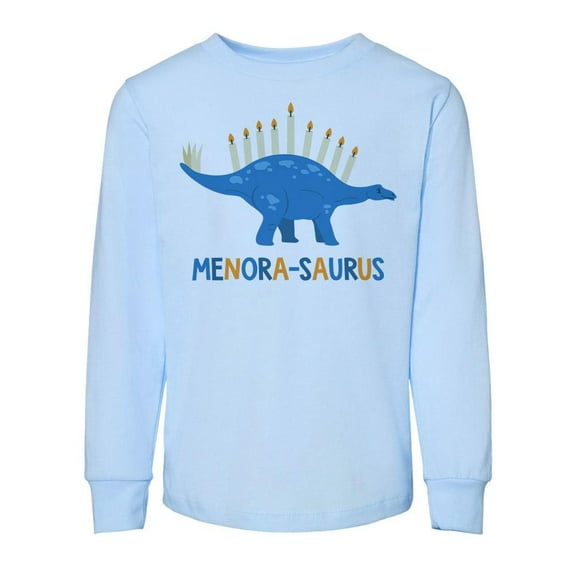 TeesAndTankYou Menora-saurus Hanukkah Toddler Kids Long Sleeve T-Shirt 2T Light Blue