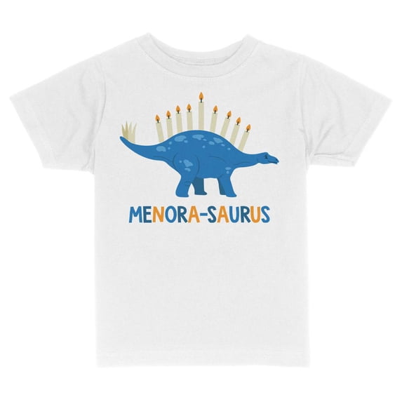 TeesAndTankYou Menora-saurus Hanukkah Toddler Kids T-Shirt 4T White