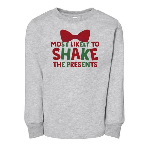 TeesAndTankYou Most Liklely To Shake The Presents Funny Christmas Toddler Kids Long Sleeve T-Shirt 2T Heather Grey
