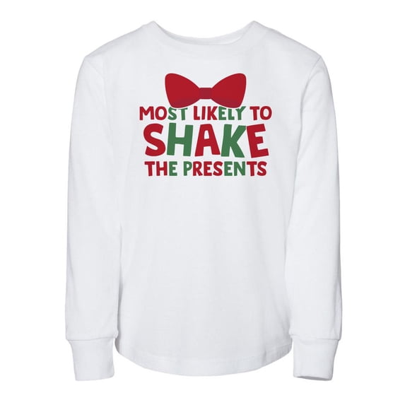 TeesAndTankYou Most Liklely To Shake The Presents Funny Christmas Toddler Kids Long Sleeve T-Shirt 4T White