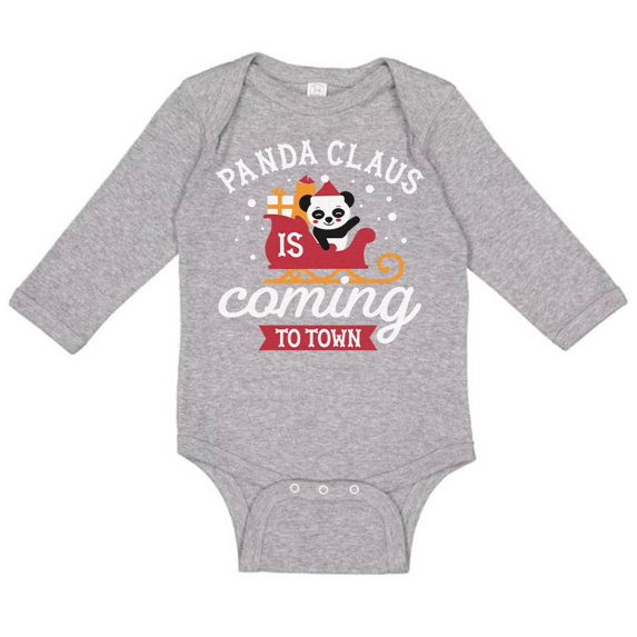 TeesAndTankYou Panda Claus Is Coming To Town Long Sleeve Baby Onesie Infant One Piece Bodysuit Newborn Heather Grey