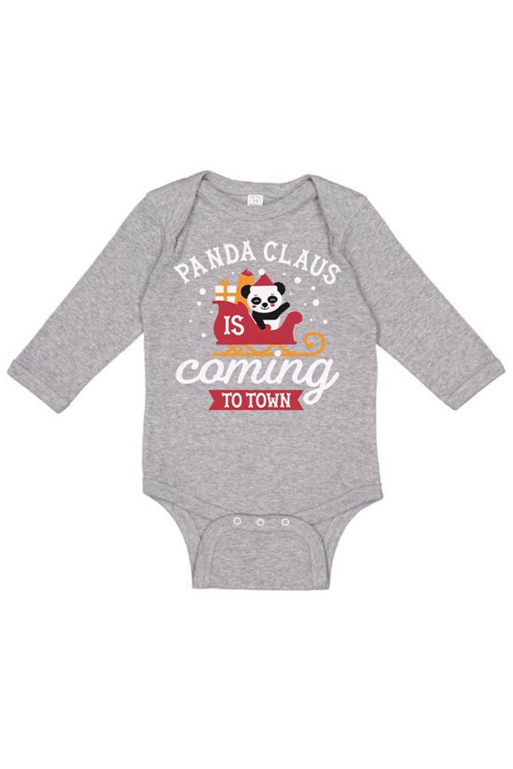 TeesAndTankYou Panda Claus Is Coming To Town Long Sleeve Baby Onesie Infant One Piece Bodysuit Newborn Heather Grey