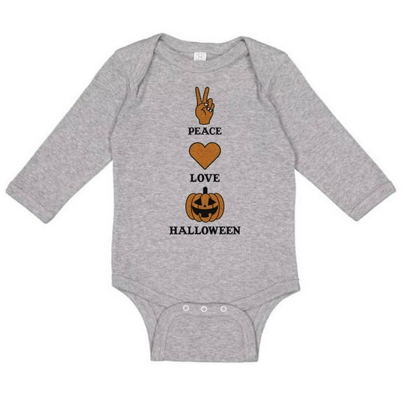 TeesAndTankYou Peace Love And Halloween Long Sleeve Baby Onesie Infant One Piece Bodysuit 6 Months Heather Grey