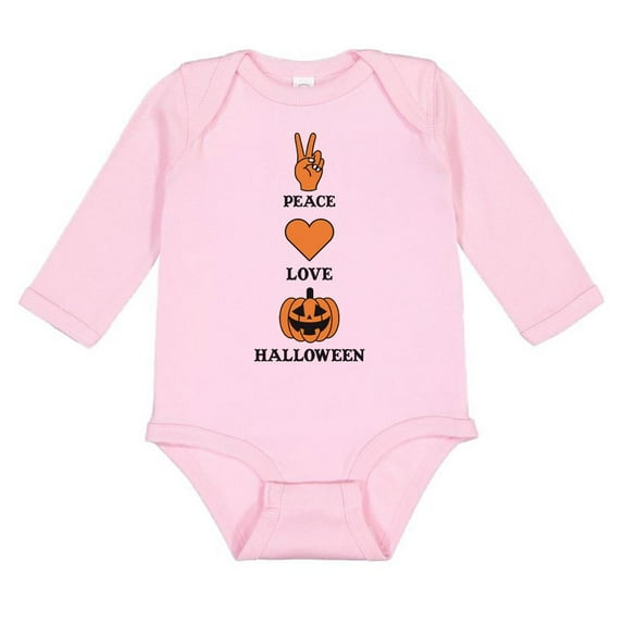 TeesAndTankYou Peace Love And Halloween Long Sleeve Baby Onesie Infant One Piece Bodysuit 6 Months Light Pink