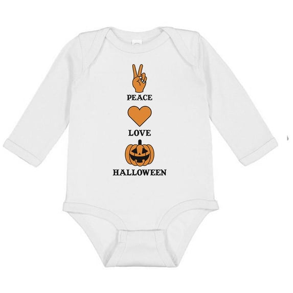 TeesAndTankYou Peace Love And Halloween Long Sleeve Baby Onesie Infant One Piece Bodysuit Newborn White