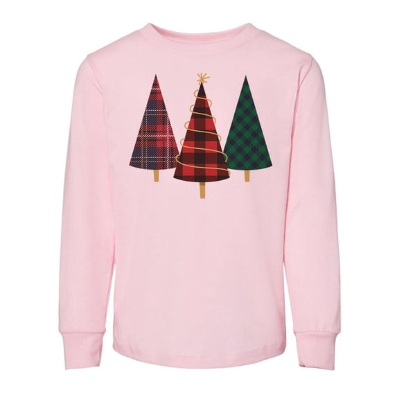 TeesAndTankYou Plaid Print Christmas Trees Toddler Kids Long Sleeve T-Shirt 4T Light Pink