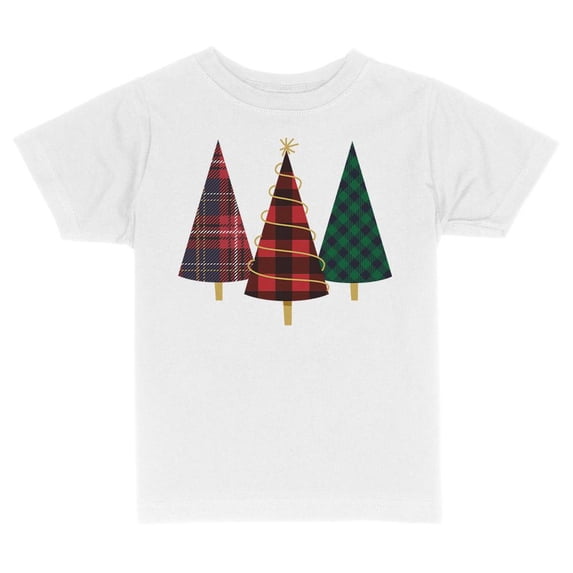 TeesAndTankYou Plaid Print Christmas Trees Toddler Kids T-Shirt 2T White