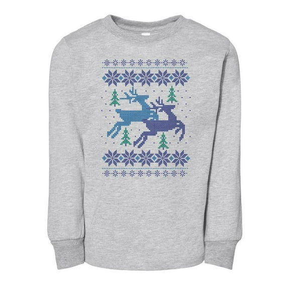 TeesAndTankYou Reindeer Cross Stitch Christmas Toddler Kids Long Sleeve T-Shirt 2T Heather Grey