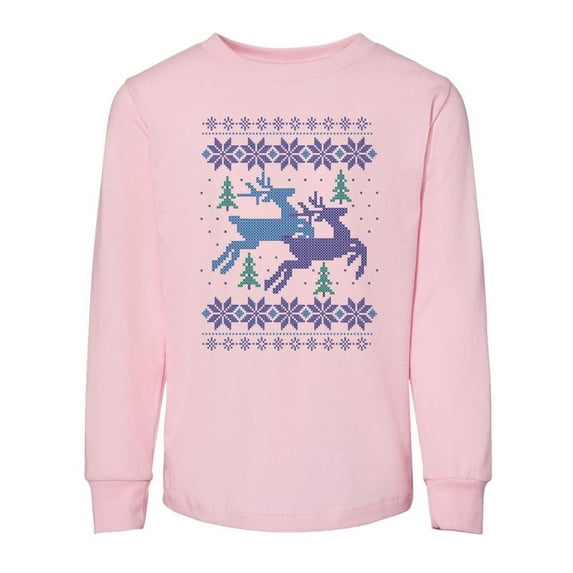 TeesAndTankYou Reindeer Cross Stitch Christmas Toddler Kids Long Sleeve T-Shirt 2T Light Pink