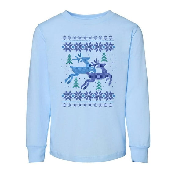 TeesAndTankYou Reindeer Cross Stitch Christmas Toddler Kids Long Sleeve T-Shirt 5T Light Blue