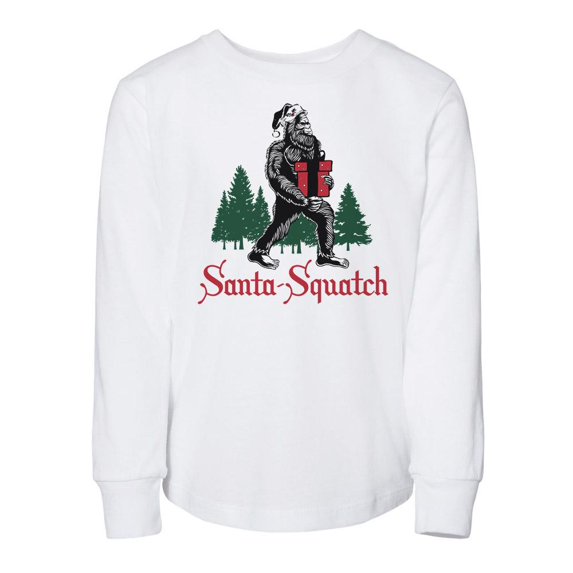 TeesAndTankYou Santa-squatch Christmas Toddler Kids Long Sleeve T-Shirt 2T White