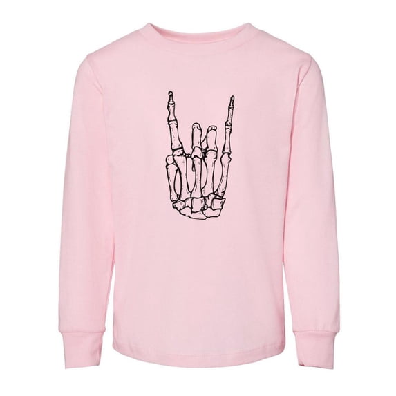 TeesAndTankYou Skeleton Rock Hand Graphic Toddler Kids Long Sleeve T-Shirt 4T Light Pink