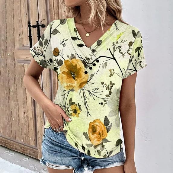 Teeshirts for Women on Summer Shirt for Women V-Neck Fashion Casual Short-Sleeved Spring And Summer Top