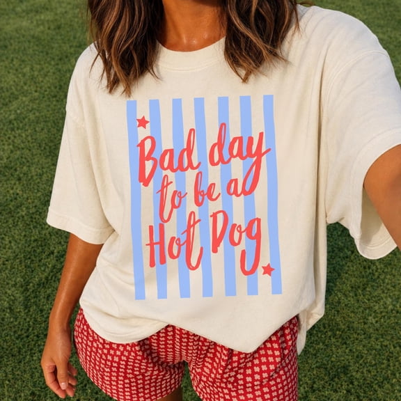 Teeso Bad Day to Be a Hot Dog Shirt Trendy Stripe Fourth of July Graphic Tee Summer BBQ Holiday Tshirt Cute 4th Shirt, Ash Grey S