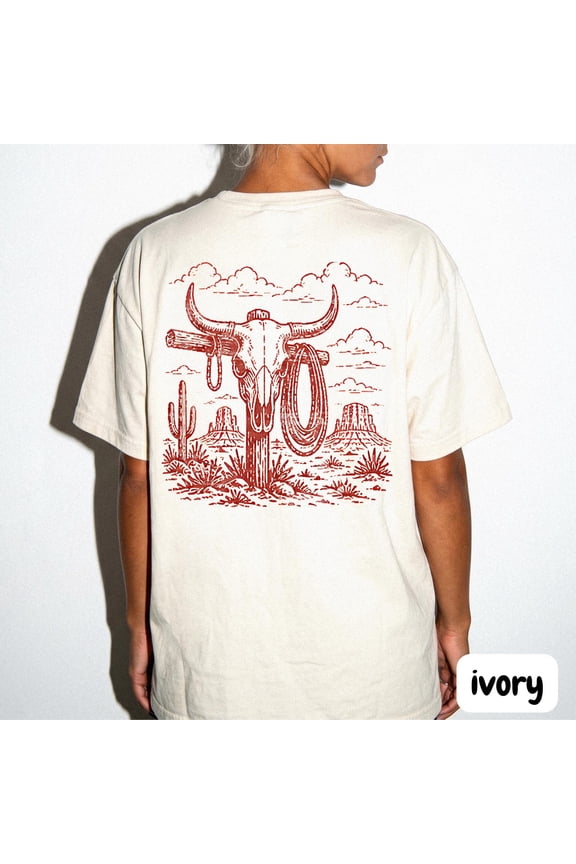 Boho Country Tee, Back Graphic Western Graphic T-Shirt, Bull Skull Desert Shirt, Ranch Life Cowboy Style Tee, Unisex, Graphite S