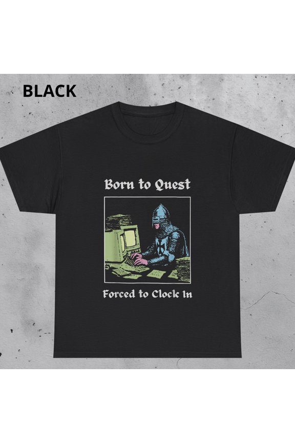 Born to Quest Forced to Clock In Shirt, Office Work Humor Tee, Medieval Knight Fantasy Art Retro Computer Geek Gift, Navy S